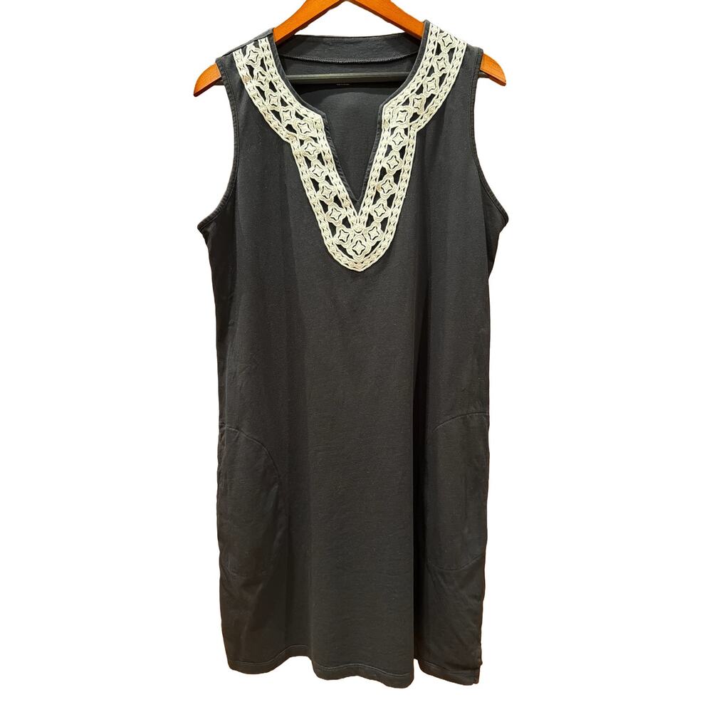Lands End Sleeveless Crochet V-Neck TShirt Dress Medium 10-12 Black 100Cotton
